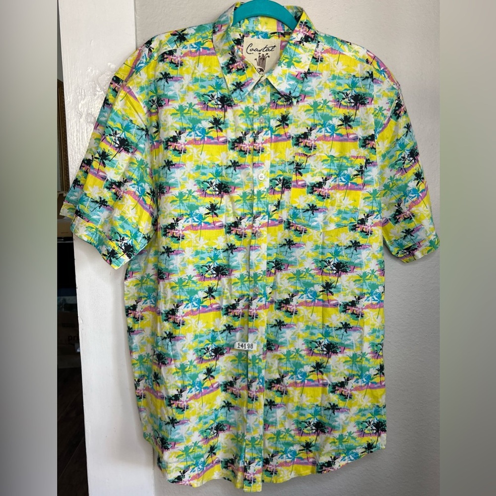 Coastal Hawaiian Yellow Green Palm Print Short Button Men’s  Shirt Size XXL
